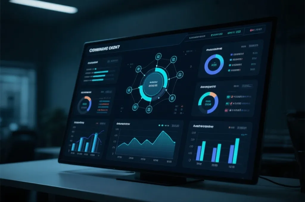 A modern technological dashboard showing real-time analytics, charts, and data nodes on a dark screen