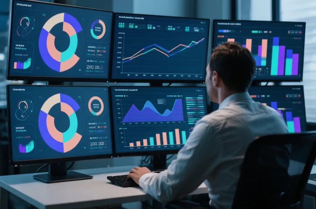 A professional analyst working on multiple monitors displaying stylized abstract sports data visualizations and graphs