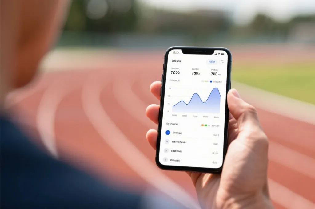 close up of a person holding a smartphone showing clean sports statistics charts and data graphs