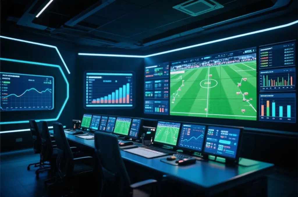 A high tech control room environment with multiple glowing screens displaying live sports data