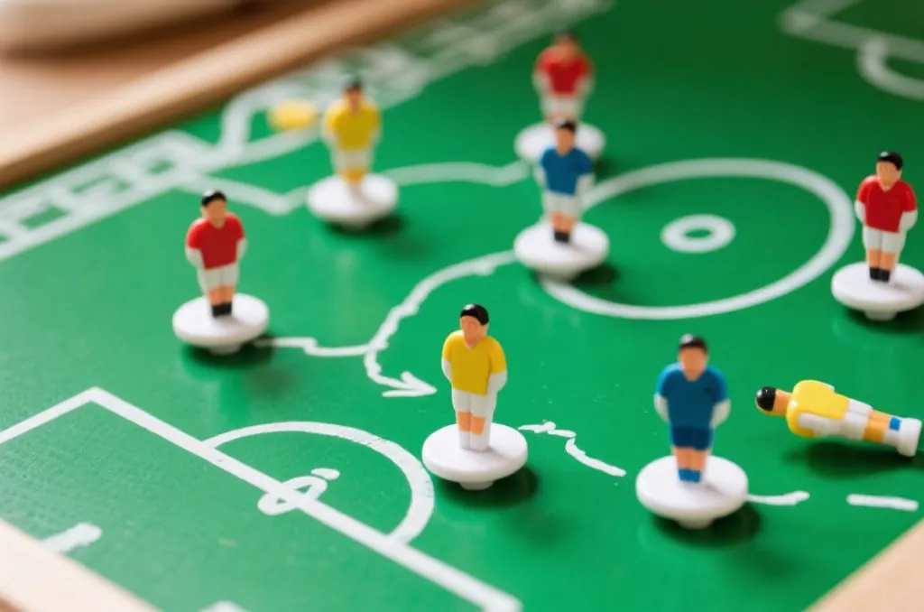 A close-up of a tactical soccer board with magnetic player markers and drawn strategies, representing logical analysis and sports planning