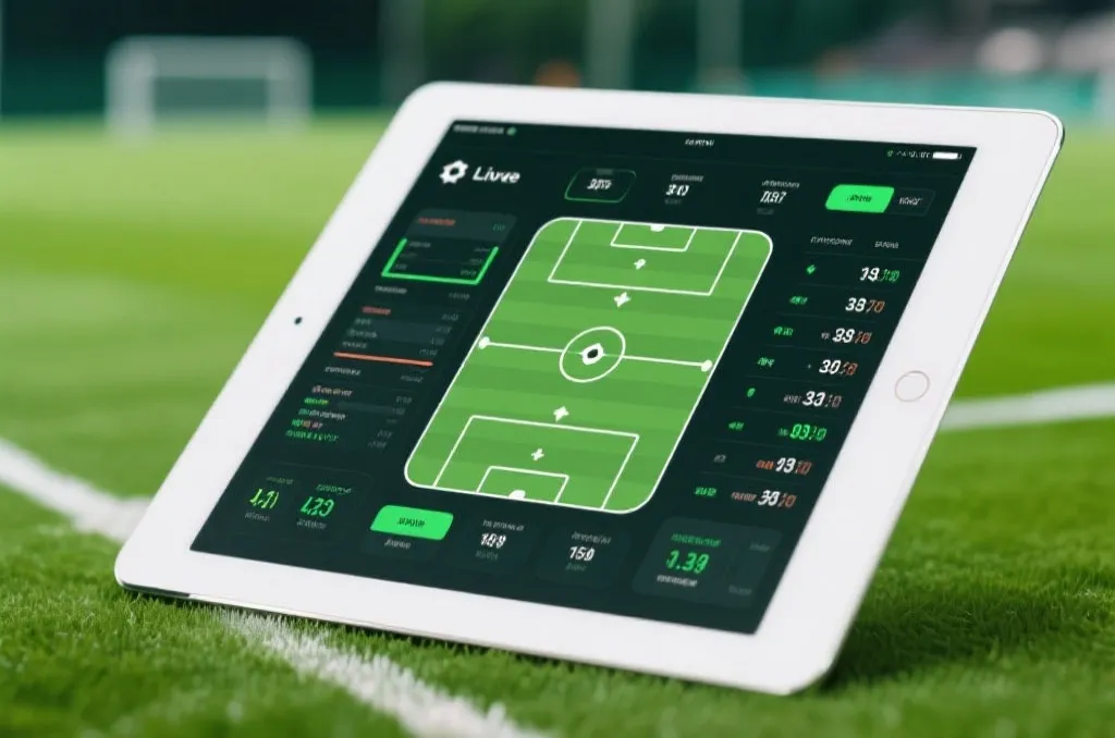 A modern tablet displaying live soccer match statistics and live scores with a clean tactical interface