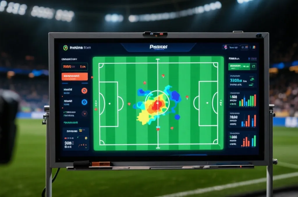 A digital tactical board displaying football pitch analysis with real-time data overlays and heatmaps