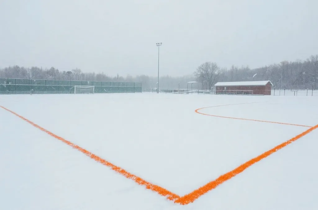 大雪覆盖的体育场，橙色线条和白雪交织